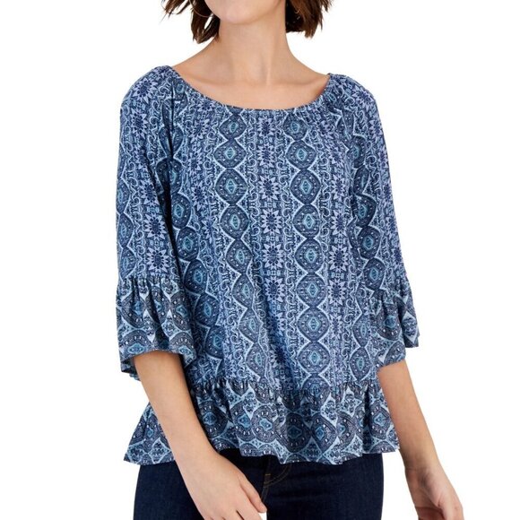 Style & Co. Petite Small Blue Floral Printed On-Off Top with 3/4 Sleeves NWT - Picture 1 of 4